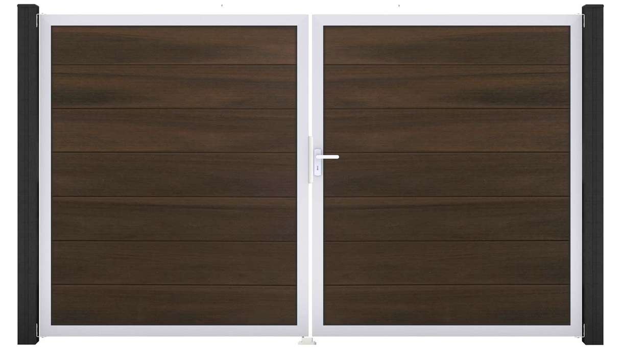 planeo Gardence Strong XL – BPC gate – double-leaf, walnut co-ex with aluminium frame