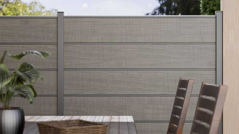 planeo Gardence Simply Premium - PVC plug-in fence Grey Ash Cut with pilaster strips in anthracite 180 x 180 cm