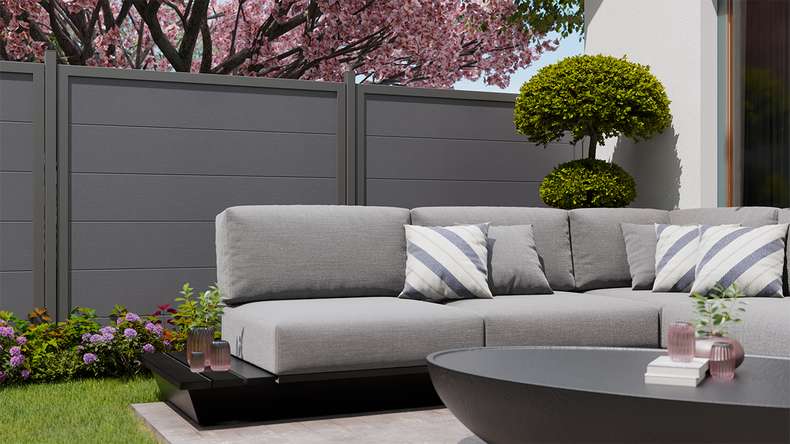 planeo Gardence Simply Guard - PVC garden fence anthracite grey with aluminium frame in anthracite 180 x 180 cm