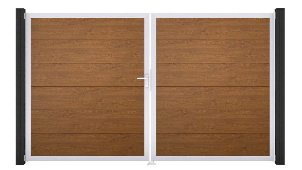 planeo Gardence Simply – 2-leaf PVC gate in Golden Oak with aluminium frame