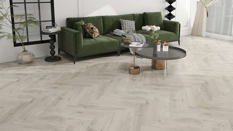planeo Rigid Klick Vinyl - SolutionX 2in1 Herringbone Oak Light Grey | Impact sound insulation integrated (ECF-HB-3855)