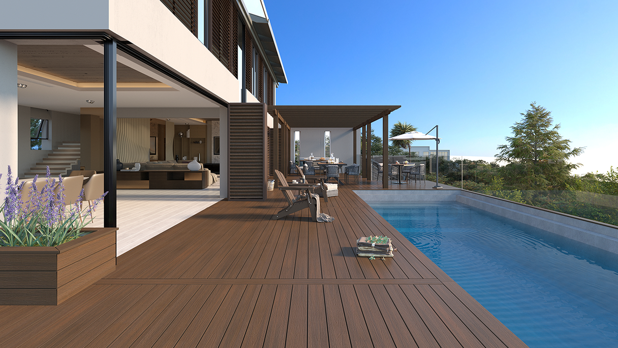 planeo UNIDeck – WPC CoEx-coated decking board, Ipe Brown, 3m – textured/smooth brushed