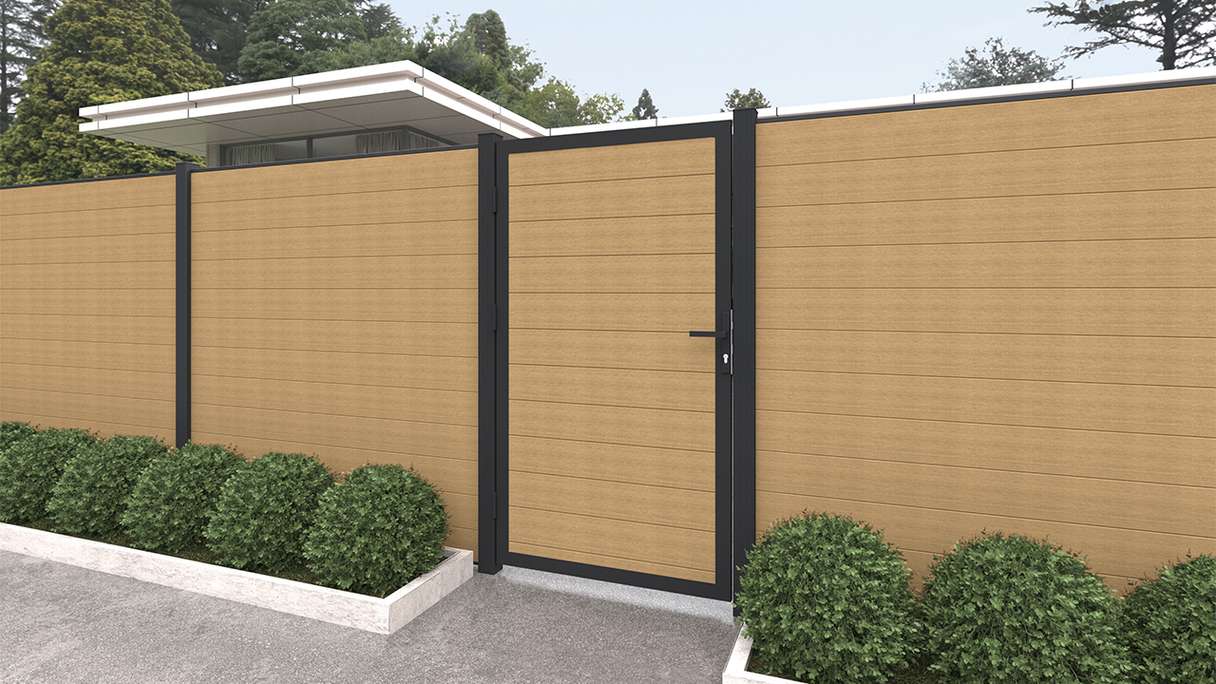 planeo INFINITY - WPC CoEx universal door sand with anthracite aluminium frame 100 x 180 cm