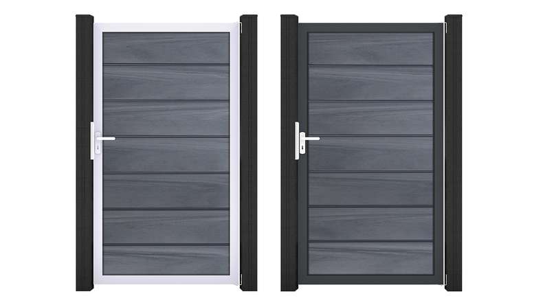 planeo Gardence Deluxe – BPC Universal Gate, Stone Grey co-ex with aluminium frame, 100 x 180 x 4 cm