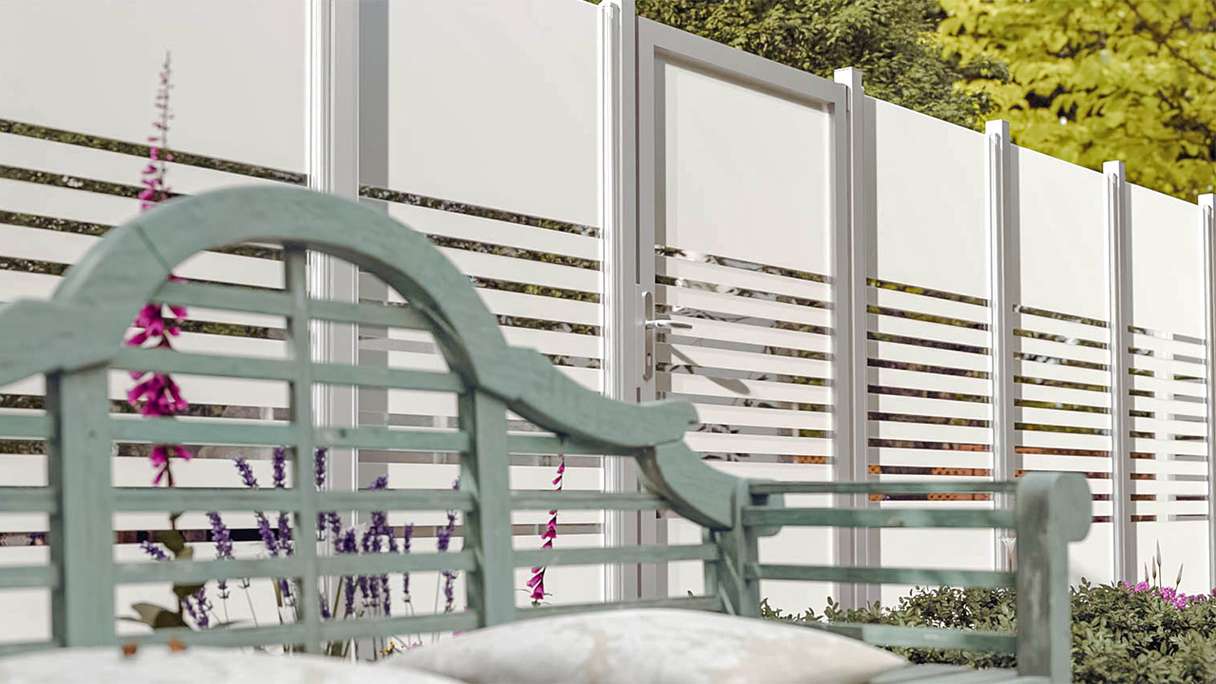 planeo Ambiente - glass privacy gate DIN right strip with aluminium frame 100 x 180 cm