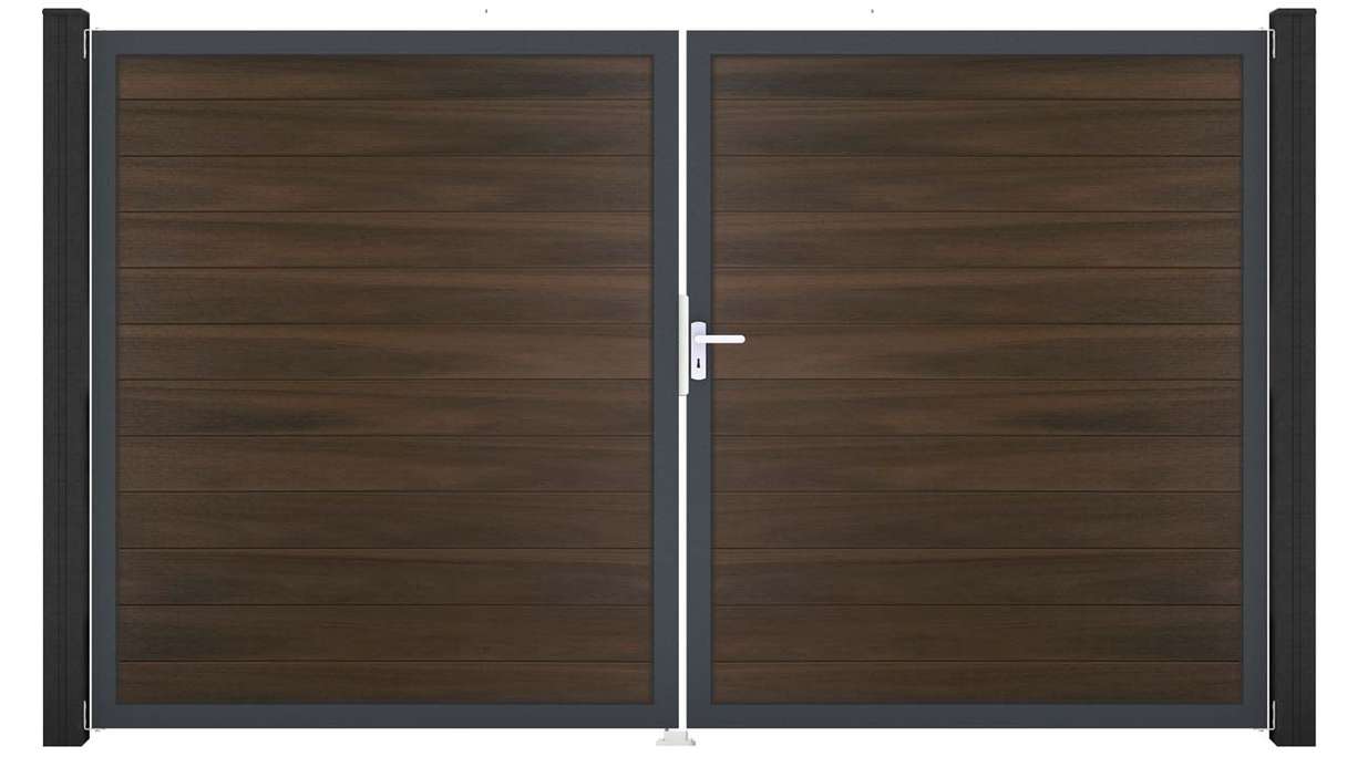 planeo Gardence Strong – BPC gate – double-leaf, walnut co-ex with aluminium frame