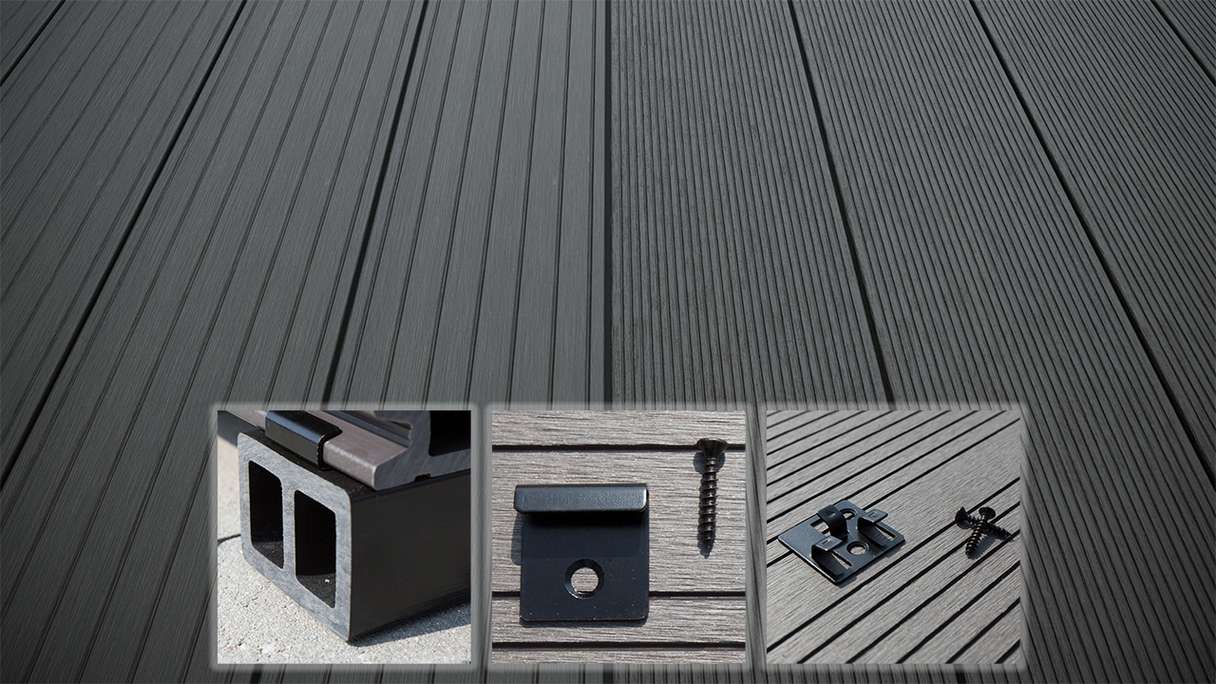 planeo LightWood WPC decking complete set hollow chamber plank 3m (22.95m²) - dark grey grooved/grooved