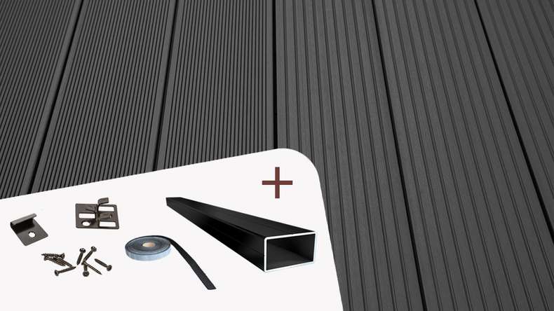 Complete set TitanWood 5m solid plank grooved structure dark grey 55.8m² incl. Alu-UK