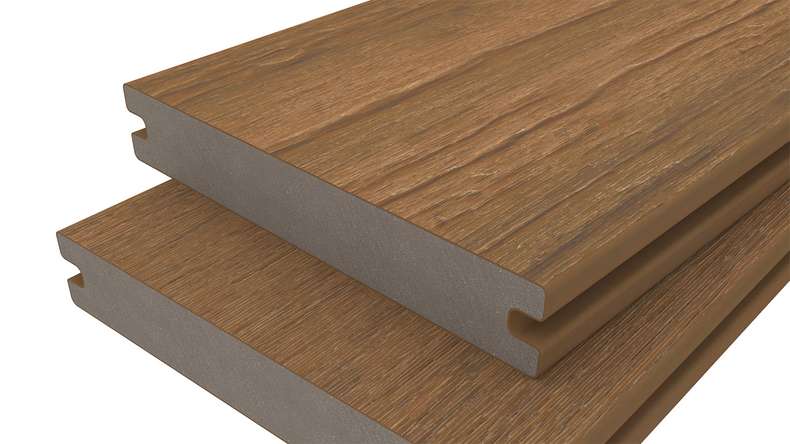 planeo ANTIKWoodline – WPC CoEx-coated solid decking board – Burmese teak, 3m – rustic/smooth brushed