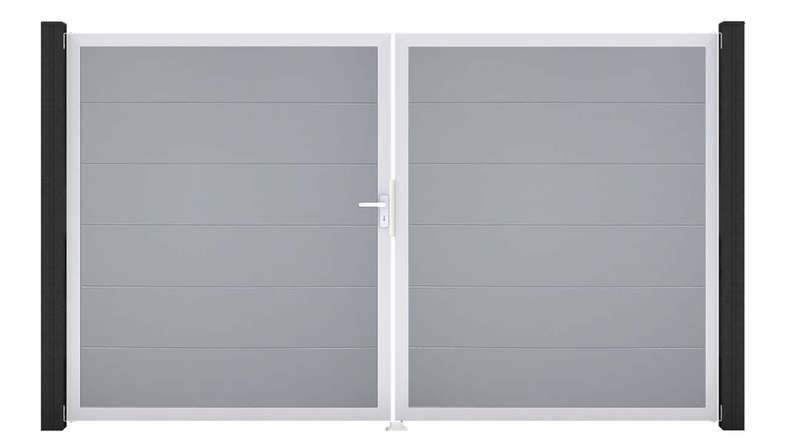 planeo Gardence Simply – 2-leaf PVC gate in silver-grey with aluminium frame
