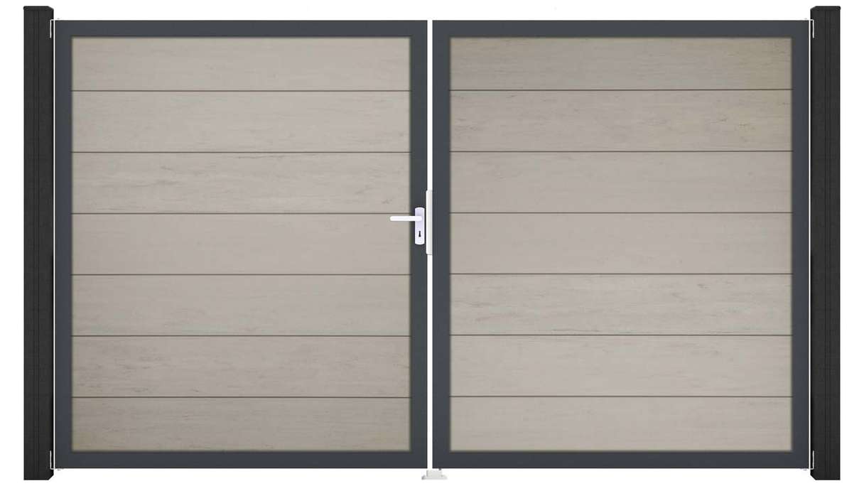planeo Gardence Strong XL – BPC gate – double-leaf, two-tone sand, with aluminium frame