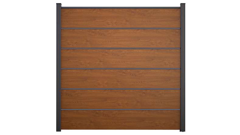 planeo Gardence Simply Premium - PVC plug-in fence Golden Oak with pilaster strips in anthracite 180 x 180 cm