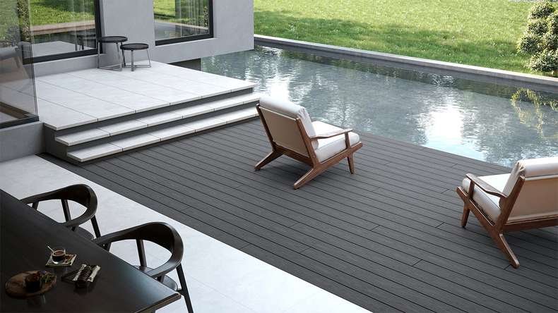 planeo CoEXWood WPC solid coated decking board - Anthracite grey/Grey-brown 3m structured