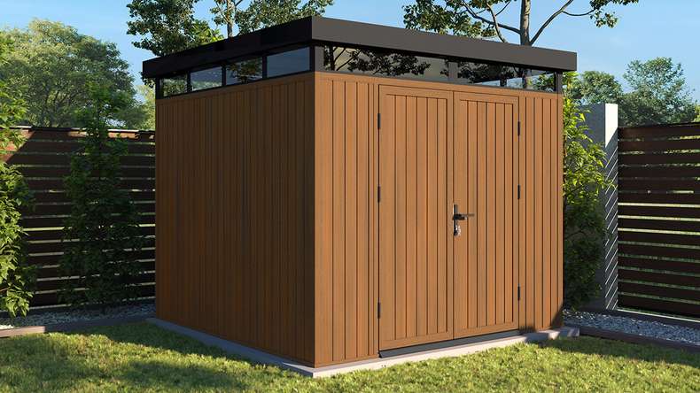planeo WPC CoEx Flat-Roof Garden Shed M – Burma Teak 250 x 250 x 226.5 cm