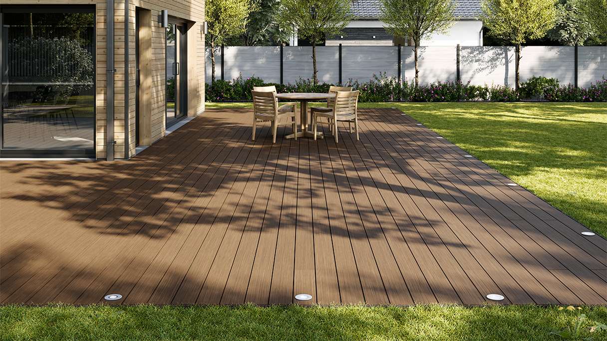 planeo AntikWood WPC decking complete set solid planks 4.8m (50.8m²) - Light brown antique aged
