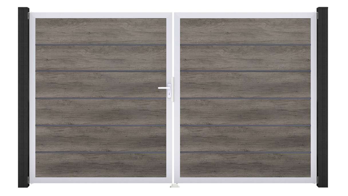 planeo Gardence Simply Premium – 2-panel PVC gate in Monument Oak with aluminium frame, 300 x 180 cm