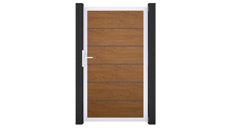 planeo Gardence Simply Premium – Golden Oak universal PVC gate with aluminium frame, 100 x 180 cm