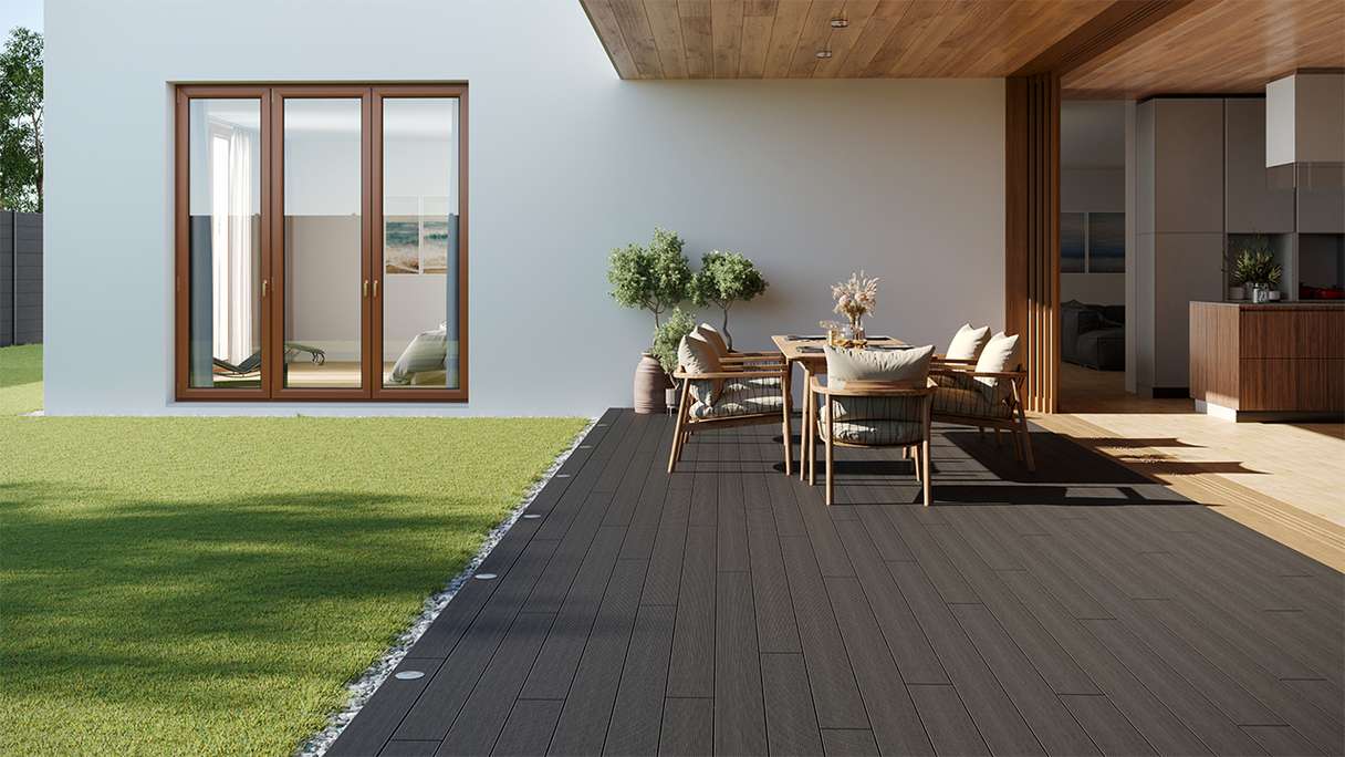 planeo LightWood WPC decking complete set hollow chamber plank 3m (22.95m²) - dark grey grooved/grooved