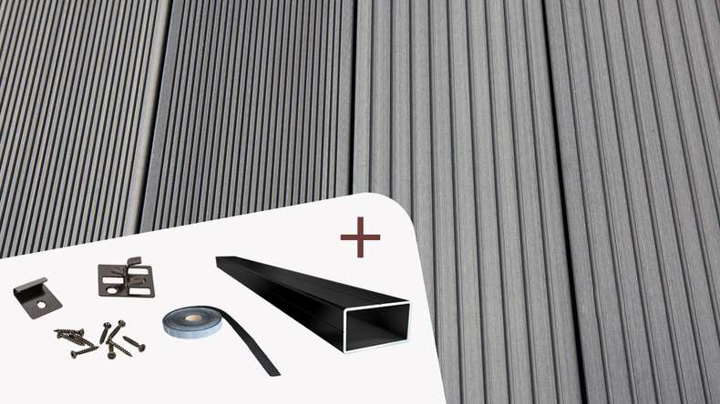 Complete set TitanWood 5m hollow core plank grooved structure light grey 67m² incl. aluminium-UK