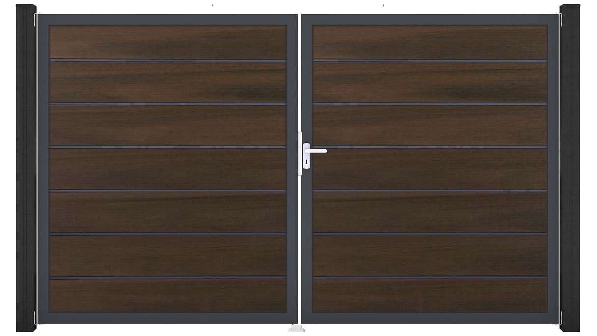 planeo Gardence Deluxe – BPC gate – double-leaf, walnut co-ex with aluminium frame