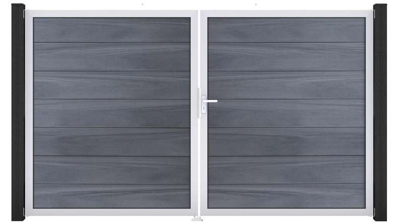 planeo Gardence Strong XL – BPC gate – double-leaf, stone grey co-extruded with aluminium frame 