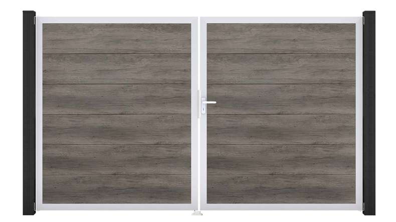 planeo Gardence Simply – 2-panel PVC gate in Monument Oak with aluminium frame