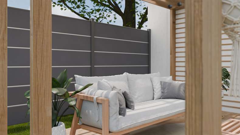 planeo Gardence Simply Premium - PVC plug-in fence anthracite grey with pilaster strips in anthracite 180 x 180 cm