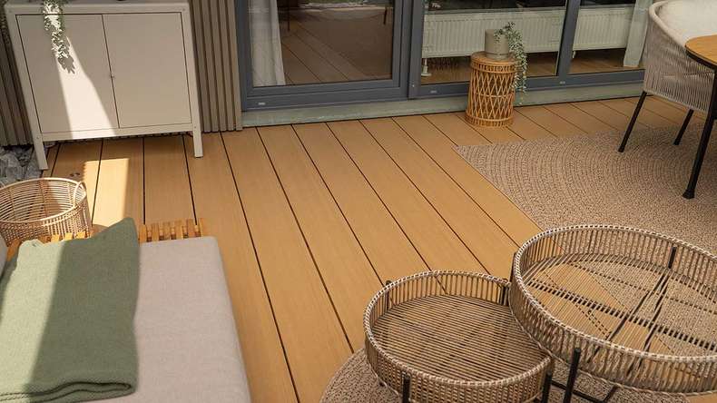 planeo MAXLine Nature - WPC CoEx coated XL decking board hollow chamber - sand 3m textured/smooth brushed