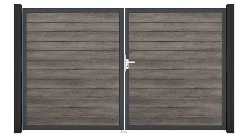 planeo Gardence Simply Small - PVC door - DIN right 2-leaf Monument Oak with anthracite aluminium frame | DB703 300 x 180 cm