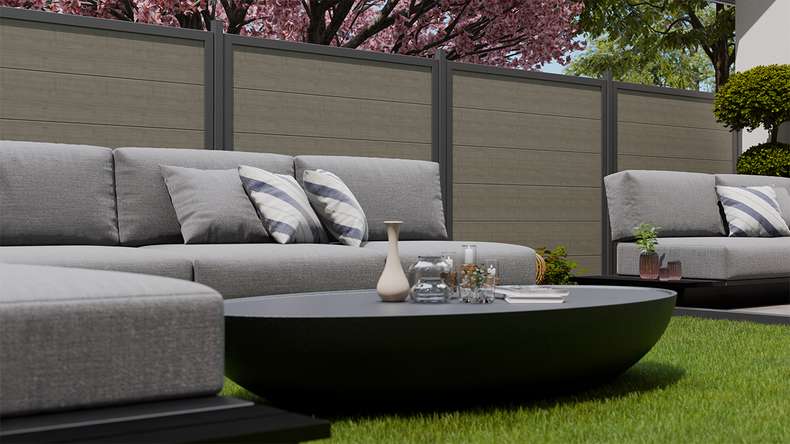 planeo Gardence Simply Guard - PVC garden fence Grey Ash Cut with aluminium frame in anthracite 180 x 180 cm