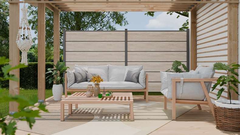 planeo Gardence Simply Premium - PVC plug-in fence Sheffield Oak light with pilaster strips in anthracite 180 x 180 cm
