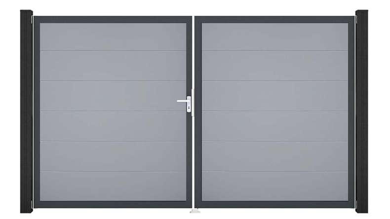 planeo Gardence Simply – 2-leaf PVC gate in silver-grey with aluminium frame