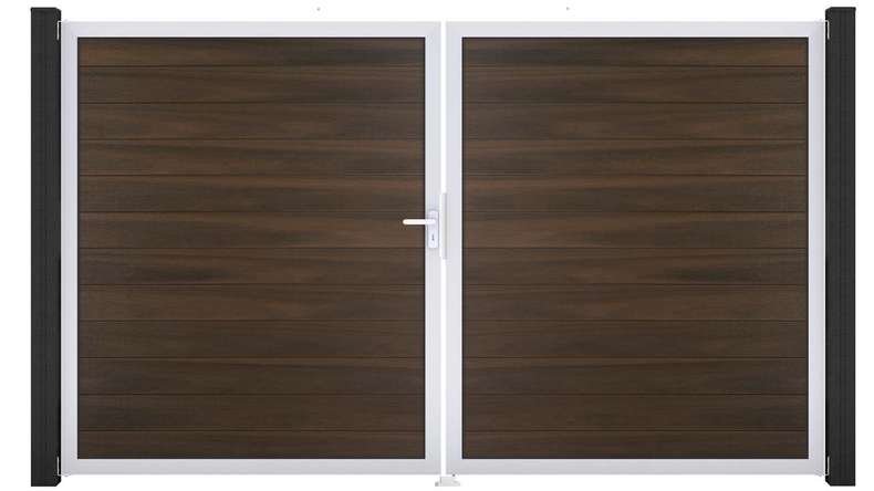 planeo Gardence Strong – BPC gate – double-leaf, walnut co-ex with aluminium frame 