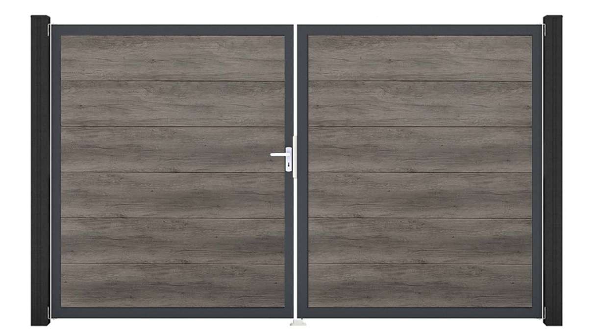 planeo Gardence Simply – 2-panel PVC gate in Monument Oak with aluminium frame 