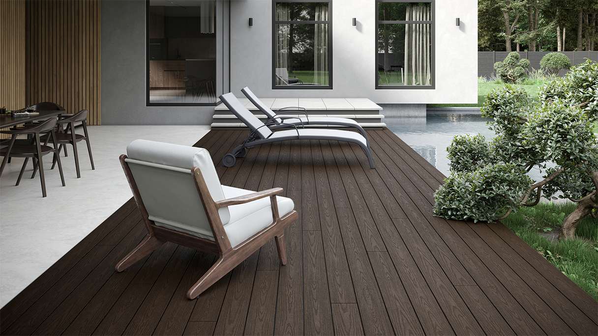planeo CoEXWood WPC decking board solid coated - Light brown/Dark brown 4.2m structured