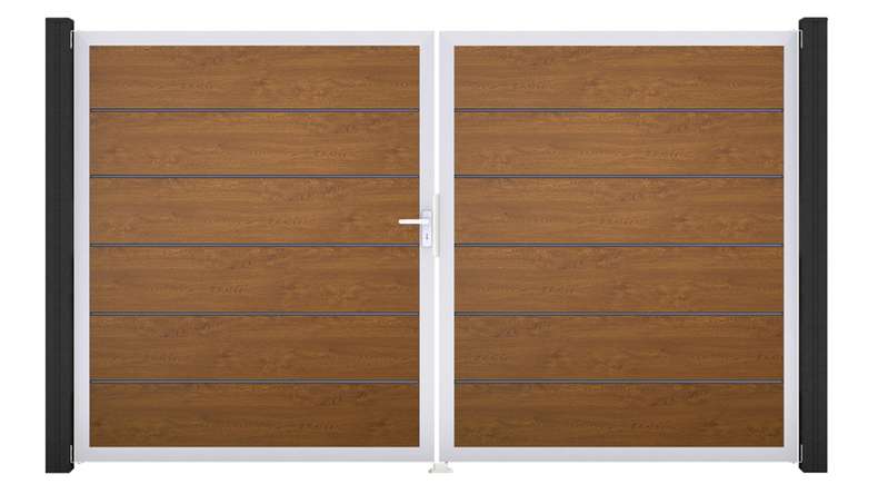 planeo Gardence Simply Premium – 2-panel Golden Oak PVC gate with aluminium frame, 300 x 180 cm