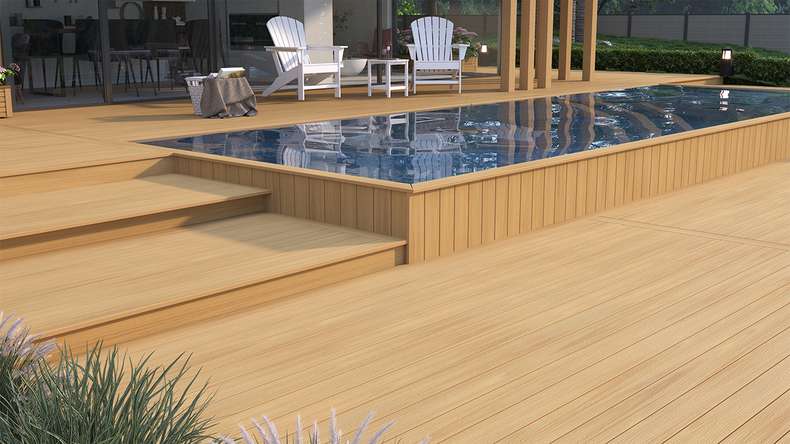 planeo WOODLine Nature - WPC CoEx coated decking board hollow chamber - sand 3m textured/smooth brushed