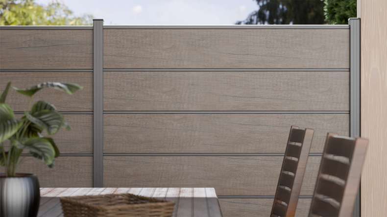 planeo Gardence Simply Premium - PVC plug-in fence Monument Oak with pilaster strips in anthracite 180 x 180 cm