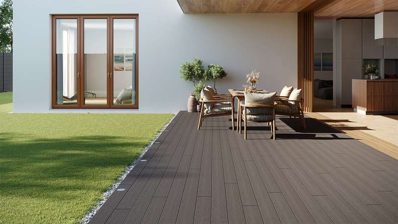 planeo LineWood WPC Solid decking board - Light grey 4.20m grooved/grooved