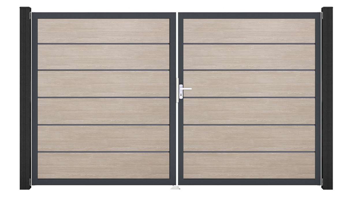 planeo Gardence Simply Premium - PVC door - DIN right 2-leaf Sheffield Oak with anthracite aluminium frame | DB703 300 x 180 cm