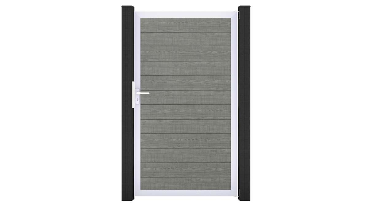planeo Gardence Simply Small – PVC Universal Gate in Grey Ash Cut with aluminium frame, 100 x 180 cm