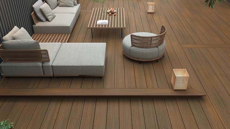 planeo MAXLine Nature - WPC CoEx wrapped XL decking board hollow chamber - Burma teak 3m textured/smooth brushed