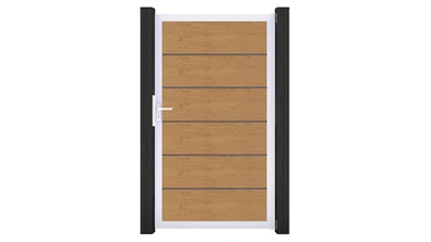 planeo Gardence Simply Premium – Universal PVC gate in natural knotty oak with aluminium frame, 100 x 180 cm