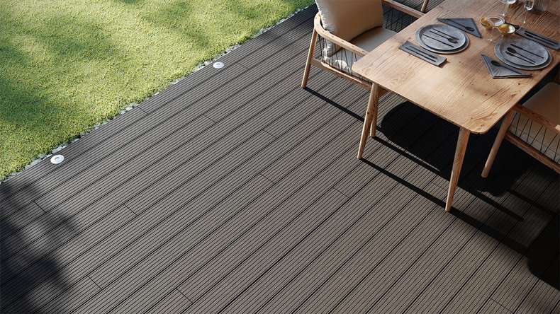 planeo LightWood WPC decking board hollow chamber - Dark grey 3m fine grooved/grooved