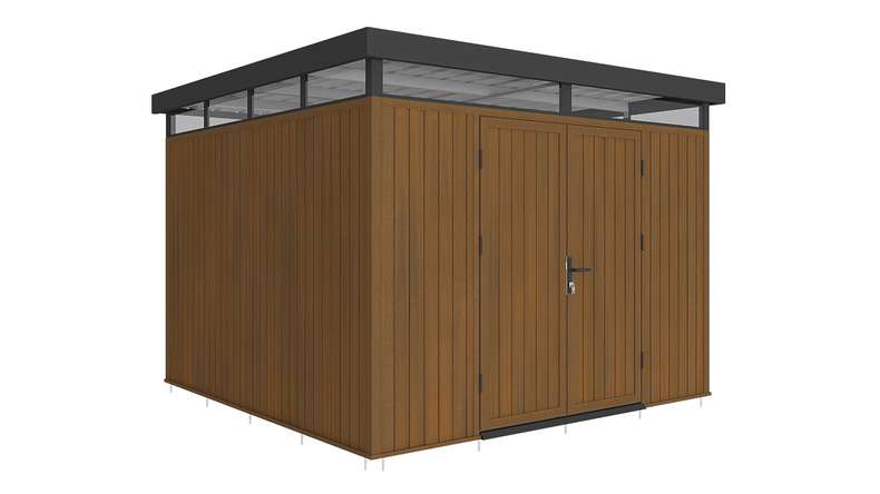 planeo WPC CoEx Flat-Roof Garden Shed L – Burma Teak 300 x 292 x 226.5 cm