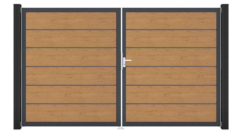 planeo Gardence Simply Premium - PVC door - DIN right 2-leaf natural knotty oak with anthracite aluminium frame | DB703 300 x 180 cm