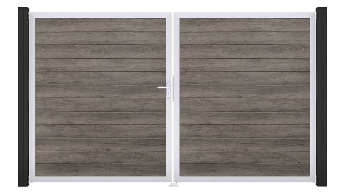 planeo Gardence Simply Small – 2-panel PVC gate in Monument Oak with aluminium frame, 300 x 180 cm