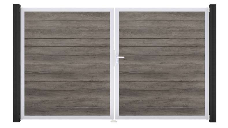 planeo Gardence Simply Small - PVC door - DIN right 2-leaf Monument Oak with silver aluminium frame | EV1 300 x 180 cm