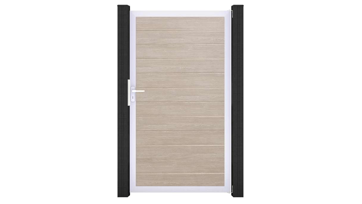 planeo Gardence Simply Small – Sheffield Oak universal PVC gate with aluminium frame, 100 x 180 cm