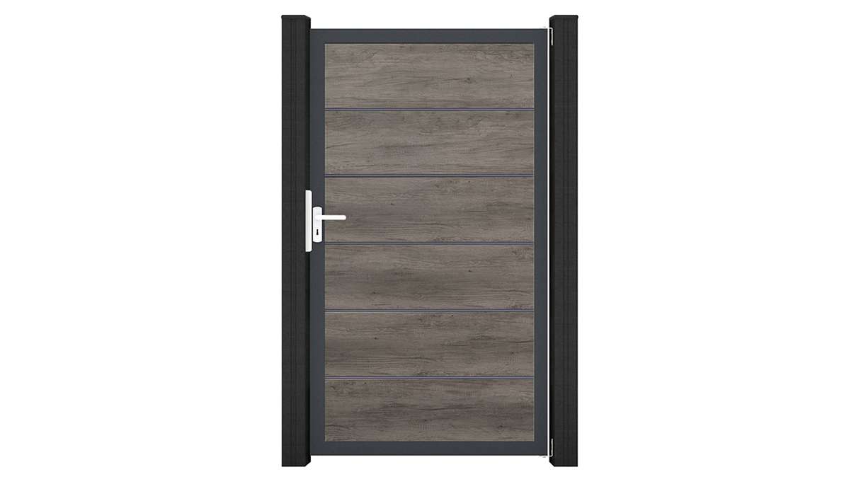 planeo Gardence Simply Premium – Monument Oak universal PVC gate with aluminium frame, 100 x 180 cm 